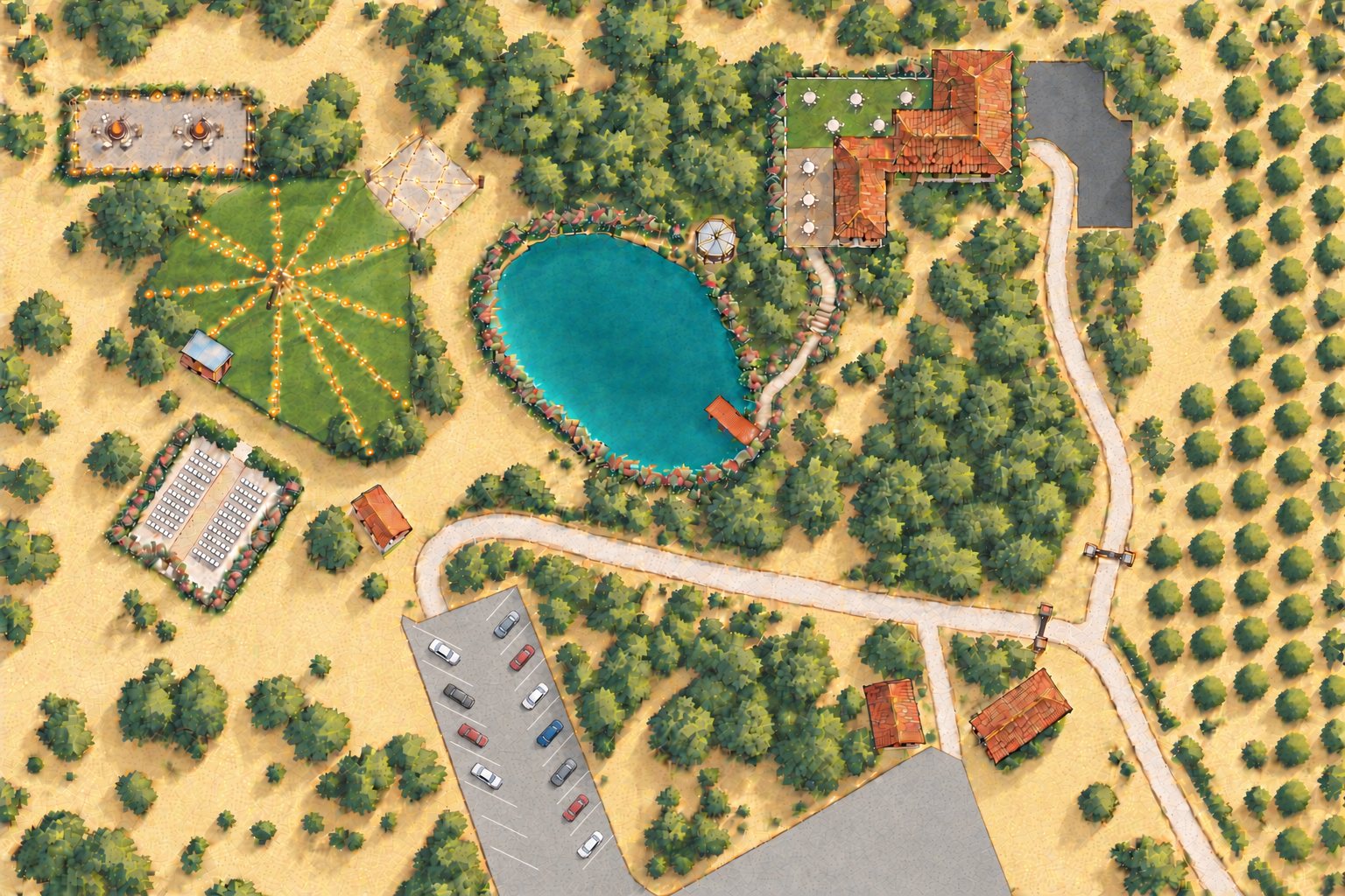 Painted map of Enchanted Hills Estate: the drive comes in from the lower right past the office to guest parking. To the west are the restrooms, ceremony site, reception lawn with bar and dance floor, and the Introvert Corner with fire pits. The pond with its dock and gazebo sits in the middle, and the main house and cocktail hour patio are at the top right.